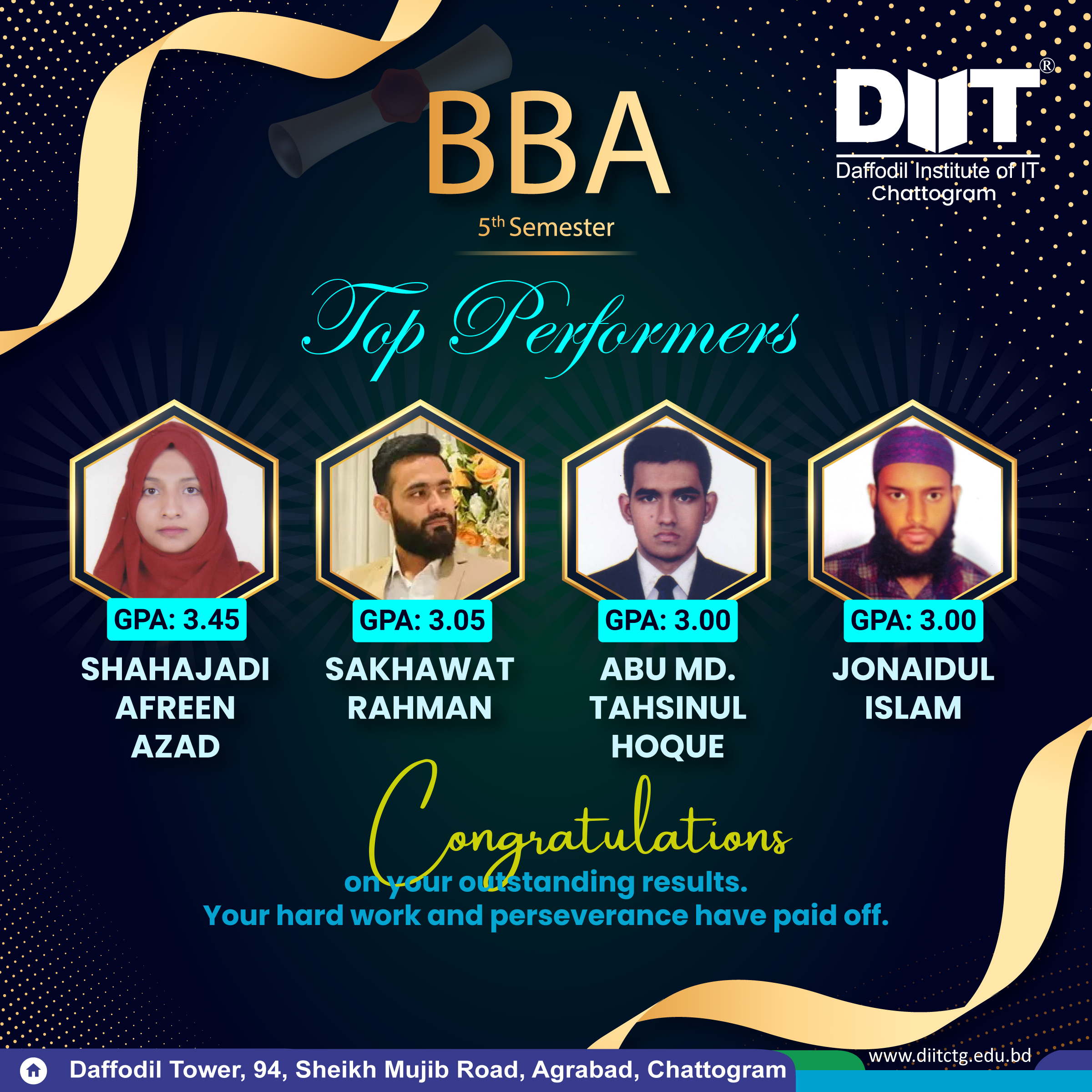 🎉 Congratulations to Our BBA 5th Semester Stars! 🌟 We’re proud to celebrate the outstanding academic results of our brilliant BBA 5th semester students at Daffodil Institute of IT, Chattogram. Your dedication, hard work, and passion for excellence truly shine. Keep rising, keep achieving! #BBAResults2025 #OutstandingPerformance #DIITChattogram #AcademicExcellence #FutureBusinessLeaders #BBA5thSemesterSuccess #EducationThatEmpowers #SuccessStory #ResultCelebration #DaffodilPride