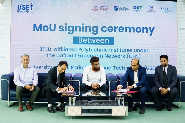 ড্যাফোডিল পলিটেকনিকের ডিপ্লোমা ইঞ্জিনিয়ারিং শিক্ষার্থীদের উচ্চশিক্ষা ও ক্যারিয়ার গঠনে নতুন মাত্রা যোগ হলো! ড্যাফোডিল এডুকেশন নেটওয়ার্ক (DEN)-এর আওতাধীন BTEB অনুমোদিত পলিটেকনিক ইনস্টিটিউটসমূহ এবং University of Skill Enrichment & Technology (USET) এর মাঝে (MoU) সমঝোতা স্মারক স্বাক্ষরিত হয়। ড্যাফোডিল পলিটেকনিক বরাবরই শিক্ষার্থীদের দক্ষতা উন্নয়ন ও ভবিষ্যৎ ক্যারিয়ার নিয়ে প্রতিশ্রুতিবদ্ধ। USET বাংলাদেশের প্রথম স্কিল-ভিত্তিক বিশ্ববিদ্যালয় হিসেবে বাস্তবমুখী ও দক্ষতাভিত্তিক শিক্ষায় নতুন ধারার সূচনা করেছে, যেখানে মূল লক্ষ্য হলো শিক্ষার্থীদের কর্মজীবনের জন্য উপযোগী করে গড়ে তোলা। এই চুক্তির মাধ্যমে আমাদের ডিপ্লোমা ইঞ্জিনিয়ারিং শিক্ষার্থীরা বিশেষায়িত B. Sc. in Engineering প্রোগ্রামে পড়াশোনার সুযোগ পাবে, যা তাদের উচ্চশিক্ষা ও ক্যারিয়ার গঠনে নতুন সম্ভাবনা যোগ করবে।