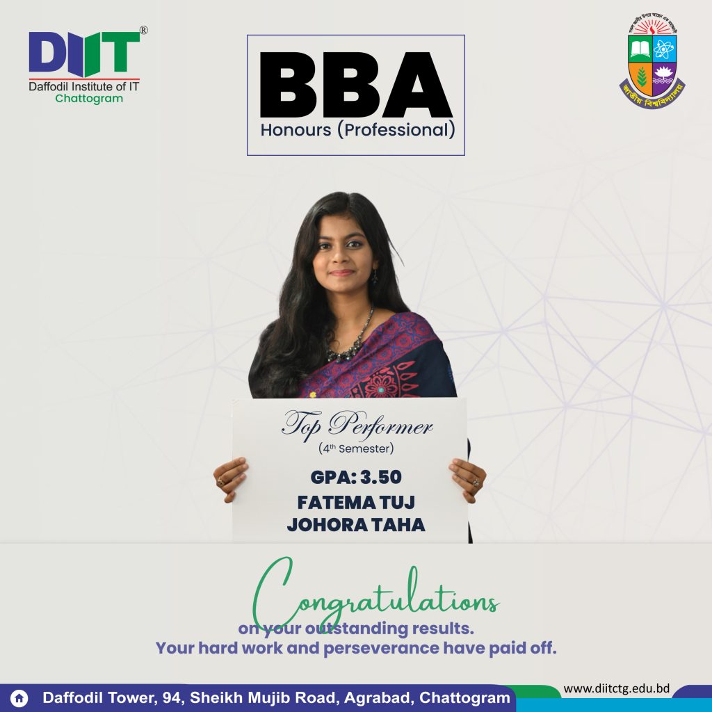 đ Congratulations to Our Top Rank Holders! đ BBA (Honours) 4th Semester Results are out, and our brilliant students have made us proud! đ 1ī¸âŖ Pritu Das â 3.60 1ī¸âŖ Jipan Chakma â 3.60 2ī¸âŖ Fatema Tuj Johora Taha â 3.50 3ī¸âŖ Fariha Kamal â 3.25 Your hard work and dedication truly shine! đĒ #DIITChattogram #BBADepartment #HonoursProfessional #TopRankers #DaffodilGroup #SuccessStory