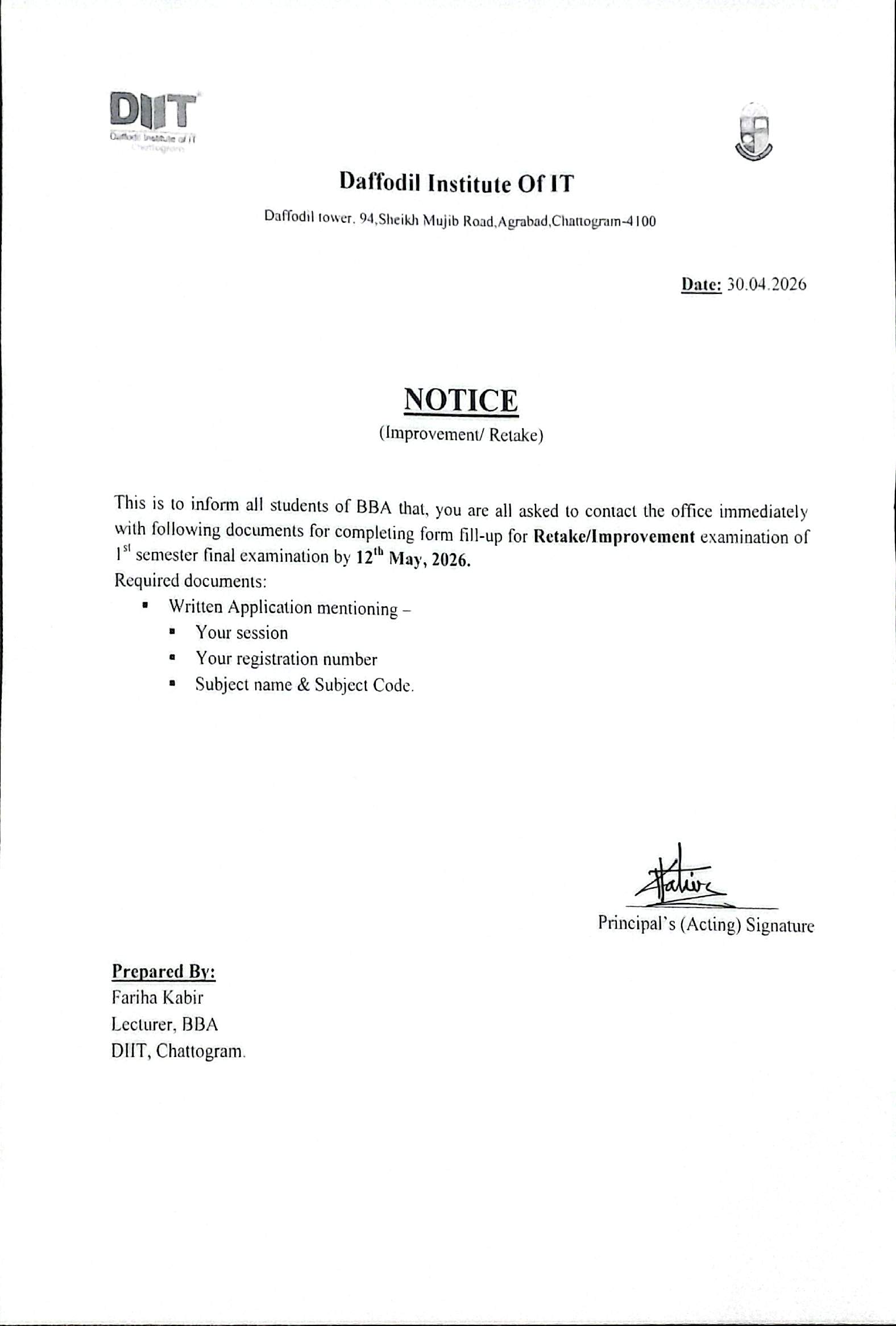 DIIT BBA 1st Semester Retake & Improvement Exam Notice 2026