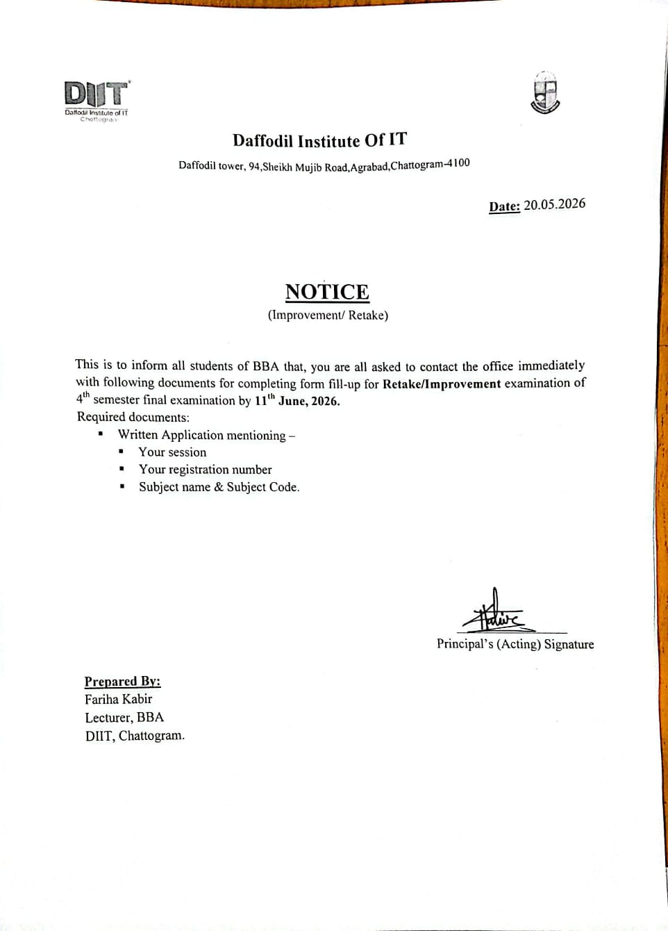 DIIT Chattogram Notice BBA 4th semester form fill-up Daffodil Institute of IT exam notice National University BBA form fill up 2026 BBA retake improvement rules DIIT
