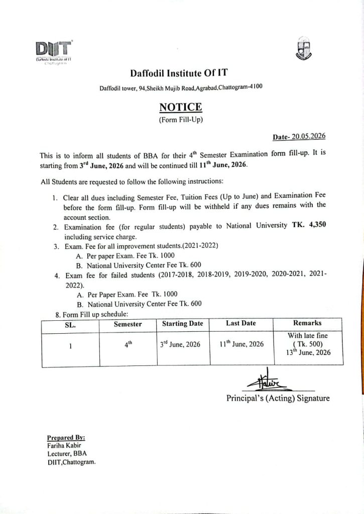 DIIT Chattogram Notice BBA 4th semester form fill-up Daffodil Institute of IT exam notice National University BBA form fill up 2026 BBA retake improvement rules DIIT